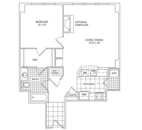Floor plan for 1 bed, 1 bath, 800 sqft